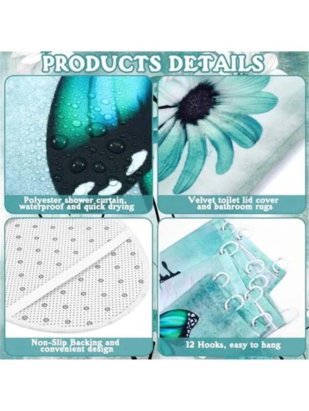 Teal Daisy Butterfly Shower Curtain Set Rugs Towels Bath Mat Toilet Cover Hooks